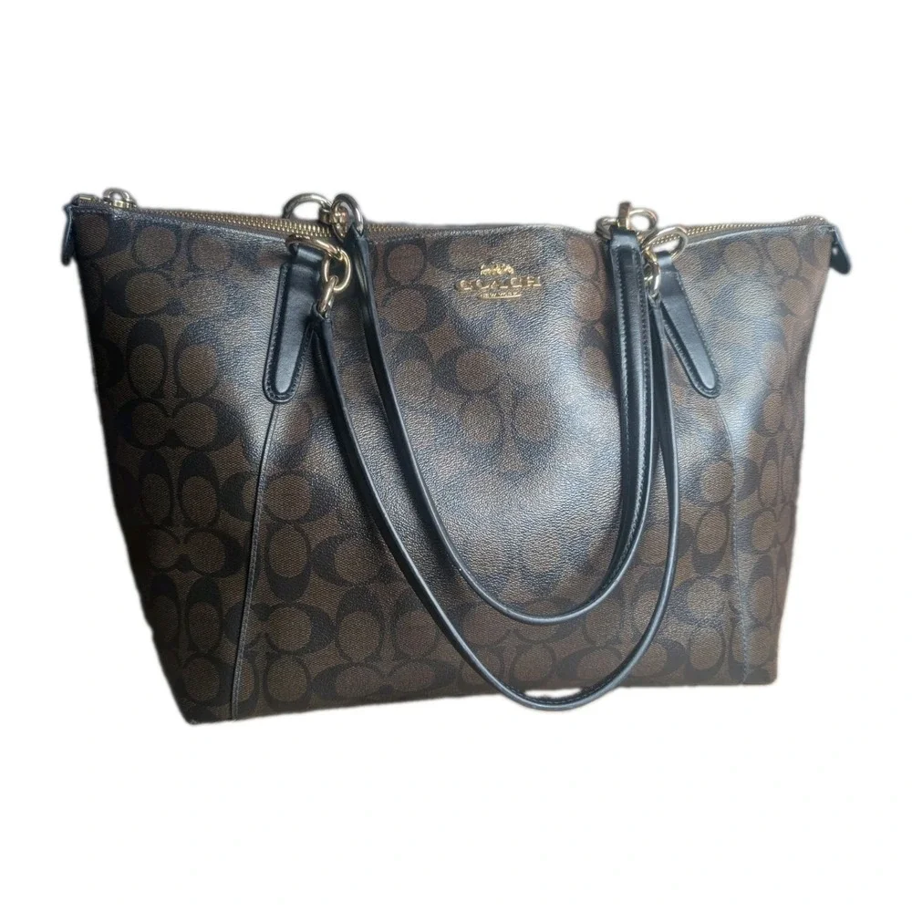 Coach Signature Zip Top Tote Bag Brown Black Canvas Leather Purse/Wallet F58318